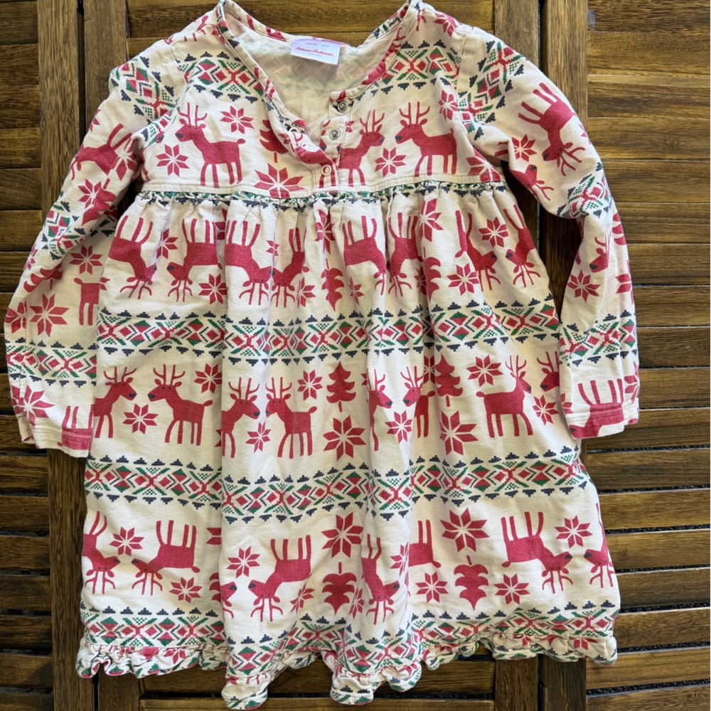 Hanna Andersson Dear Deer Red and White Reindeer Flannel Nightgown Size 5 110 cm